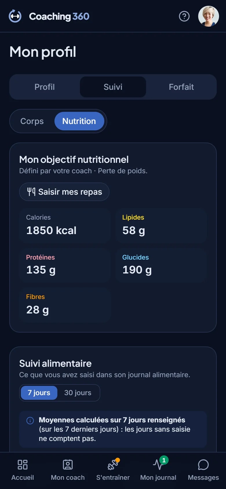 Nutrition sur le smartphone du client