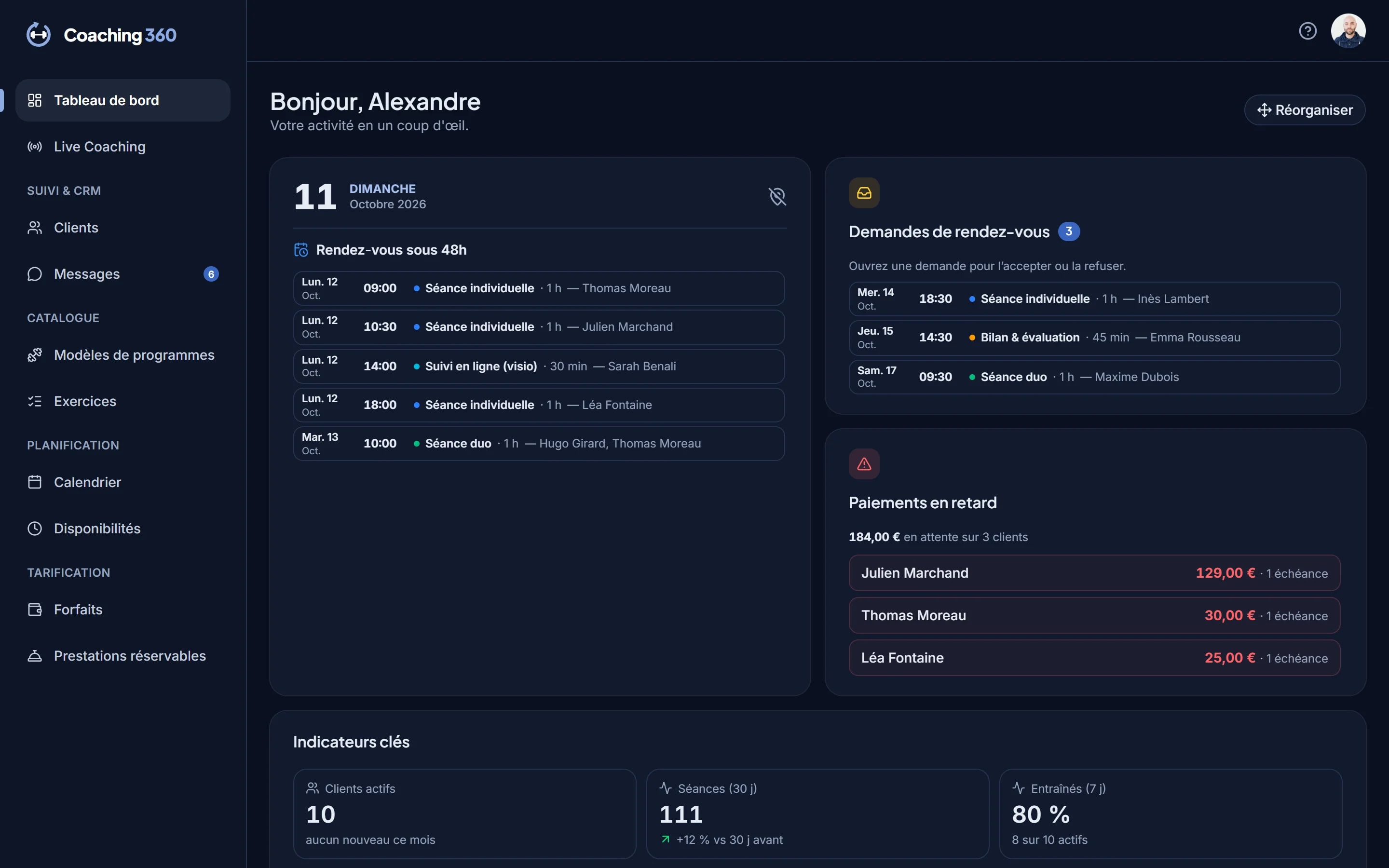 Espace coach — Tableau de bord, format ordinateur