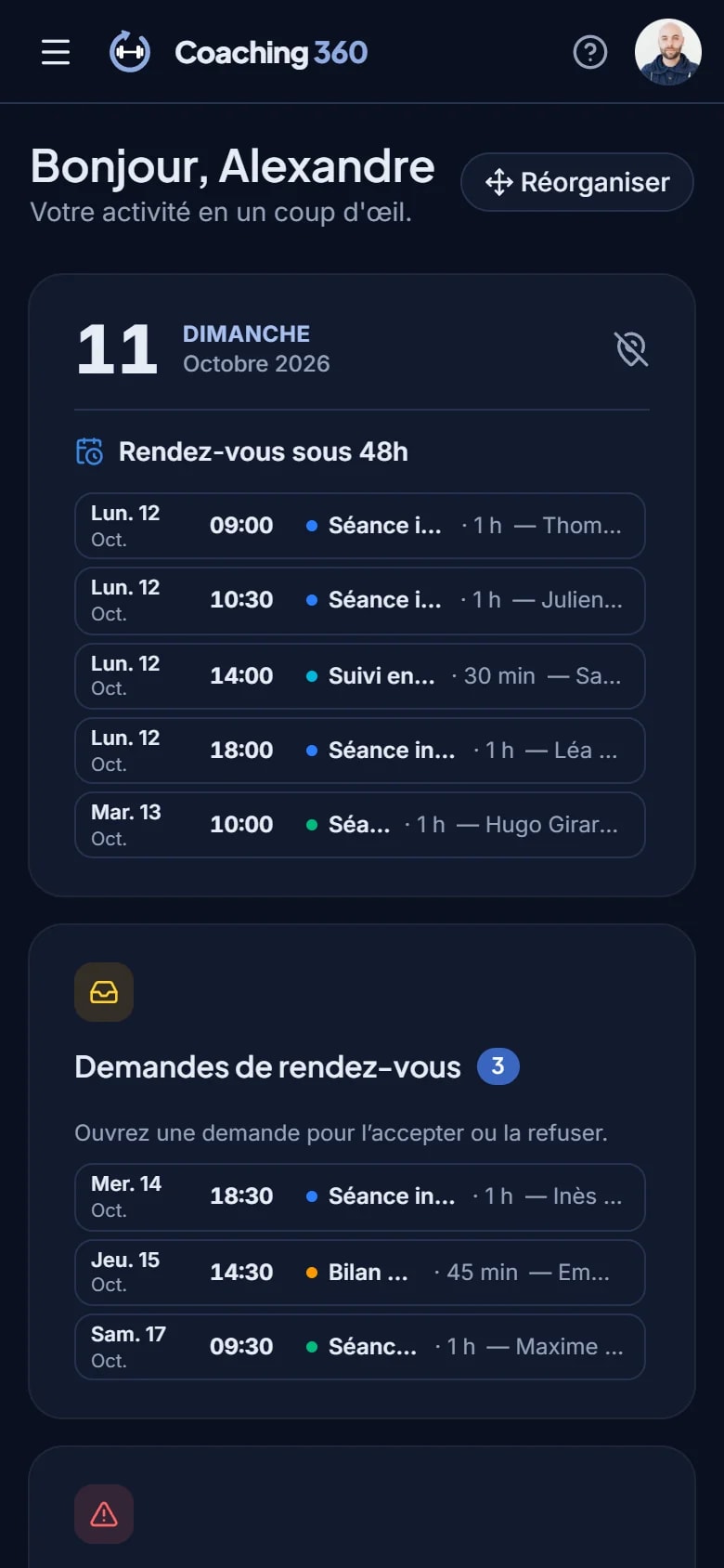 Espace coach — Tableau de bord, format smartphone